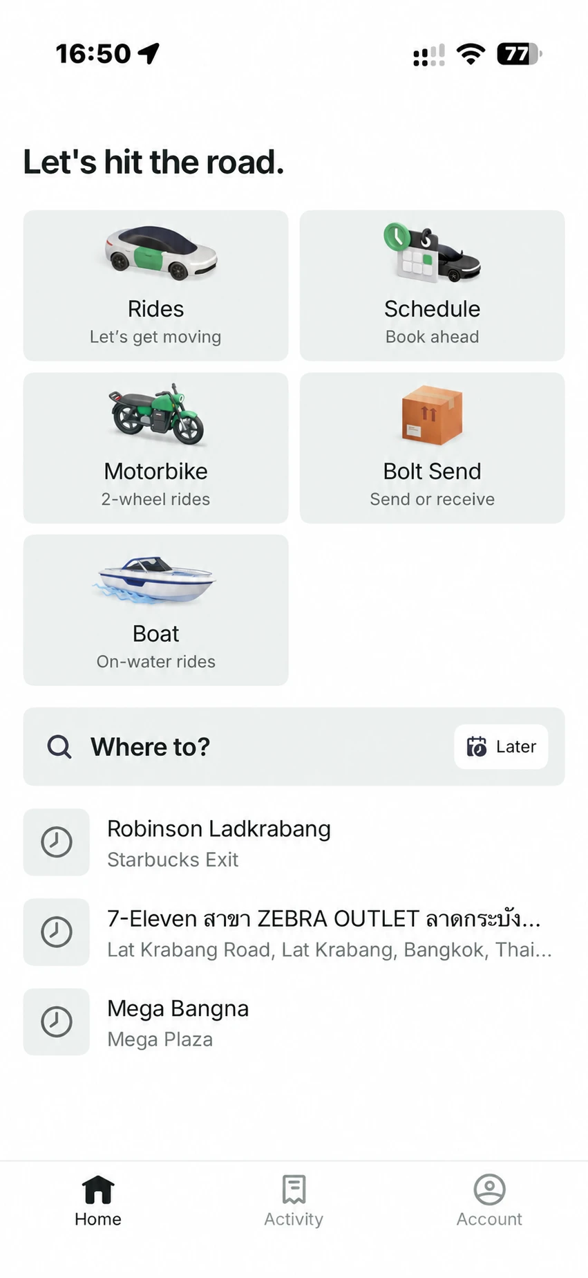 A playful, unofficial Bolt mockup with a Boat option. This is not a real booking service.